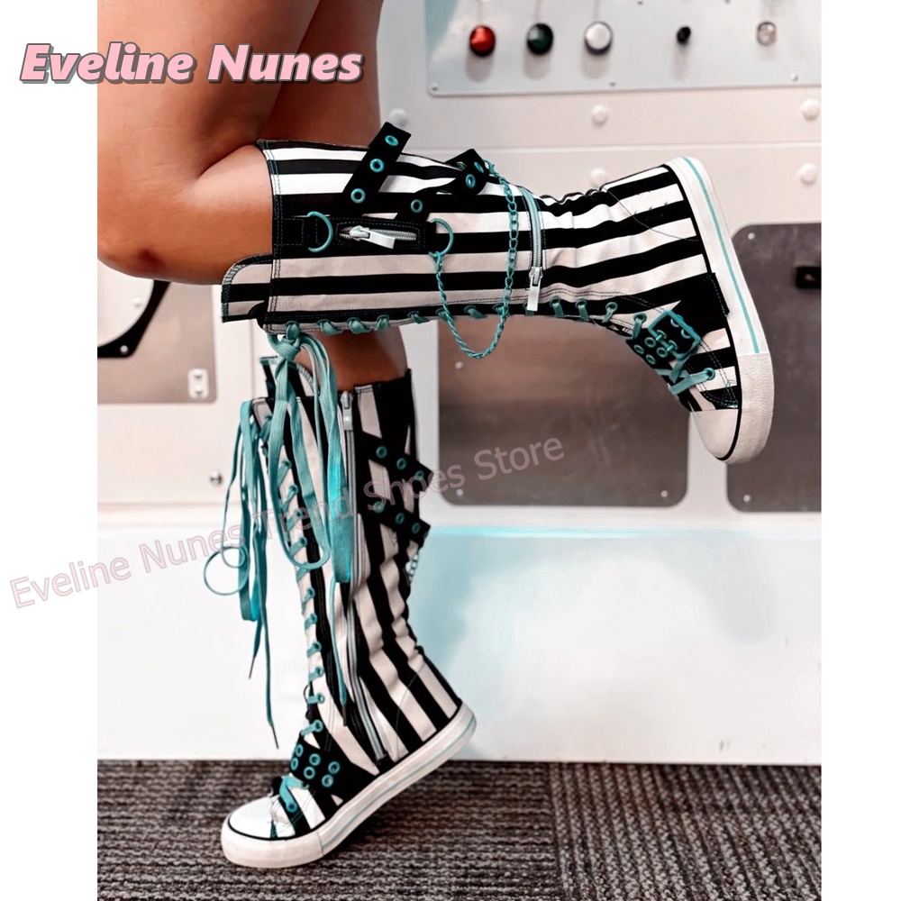 Y2K Gothic Striped Canvas Boot - Women'S Fashion Jewellery 评论和价格