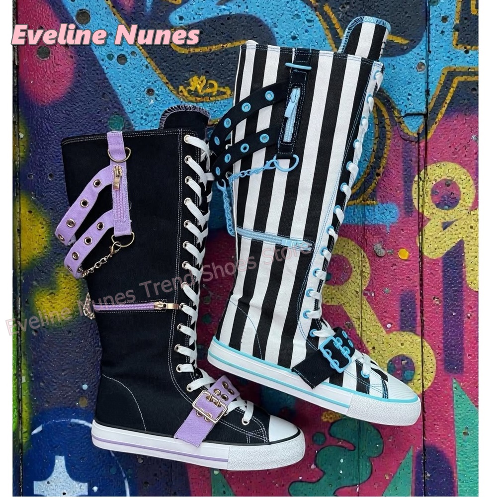 Y2K Gothic Striped Canvas Boot - Women'S Fashion Jewellery 评论和价格