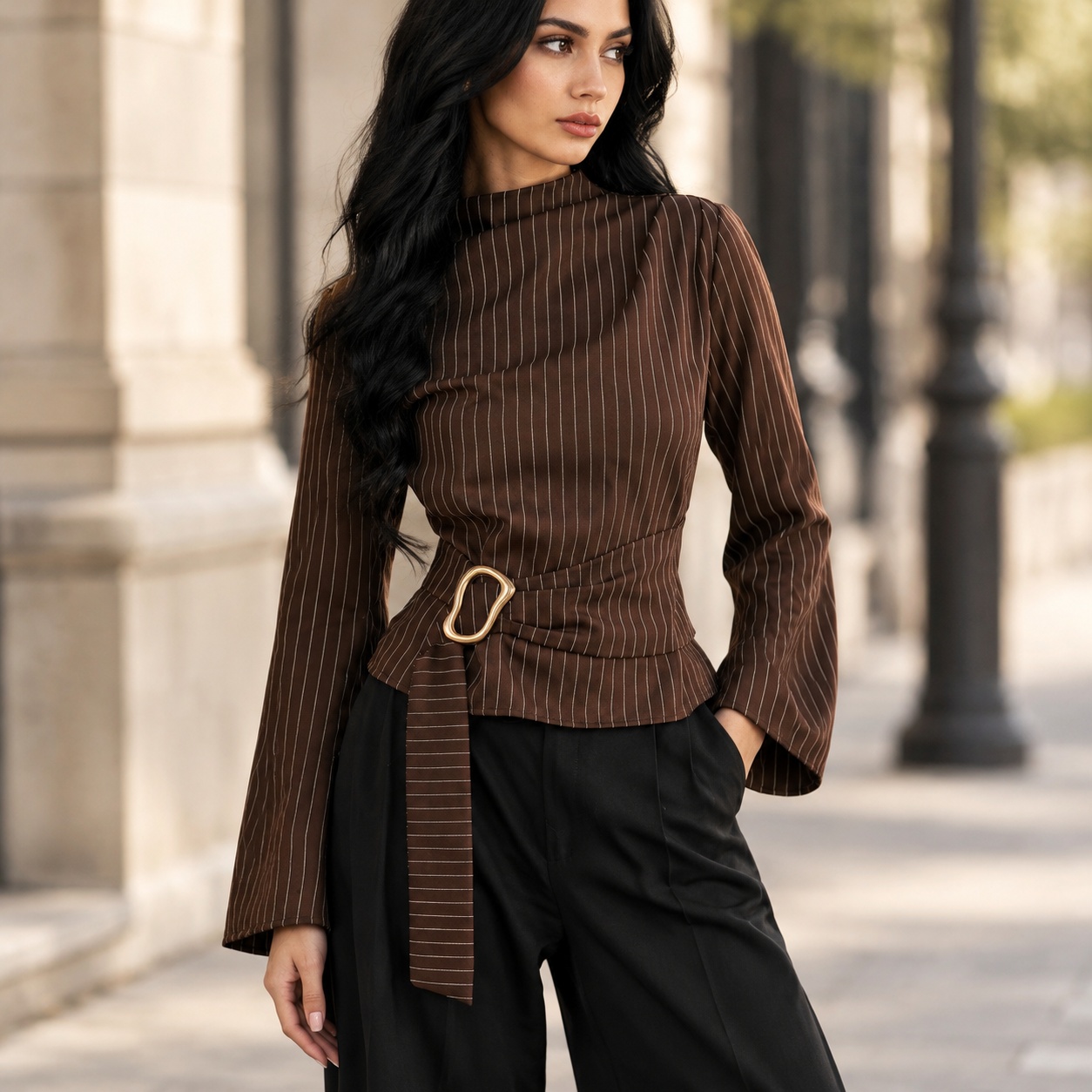 Tie Bell Sleeve Top Fitted Wai - Women Fashion Necktie 评论和价格