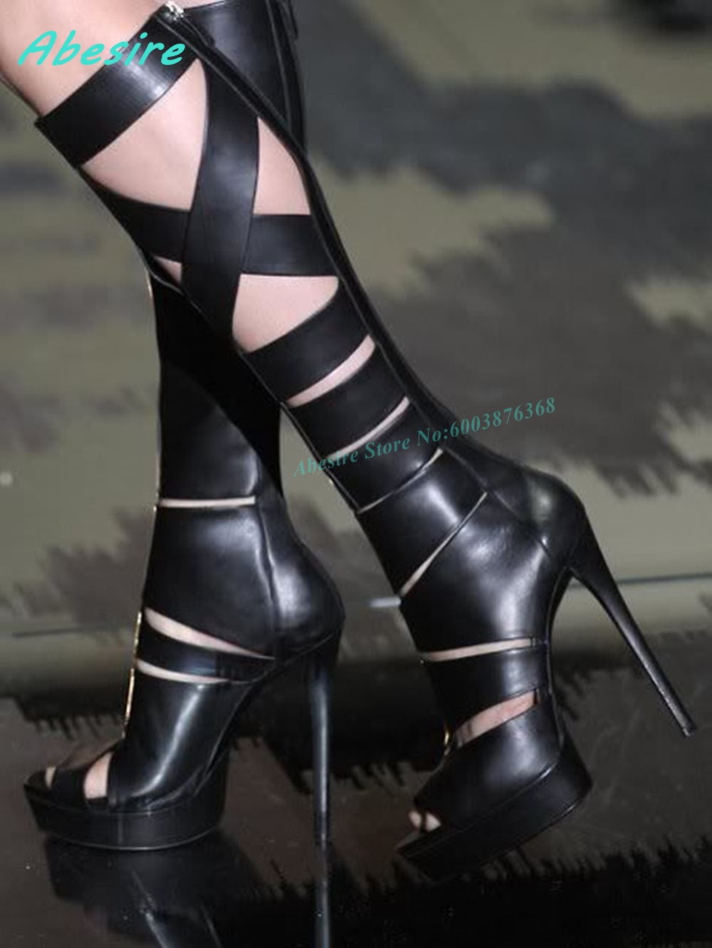 Cross Tied Hollow Out Leather  - Women'S Fashion Knee High Boots 评论和价格