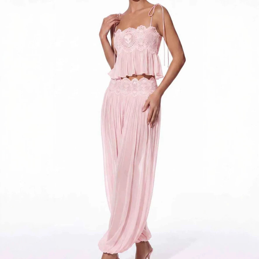Women Long Pant Set Square Nec - Lace Trim Cami 评论和价格