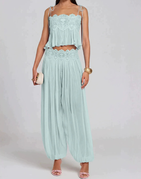 Women Long Pant Set Square Nec - Lace Trim Cami 评论和价格